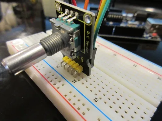 Rotary encoder module on a breadboard