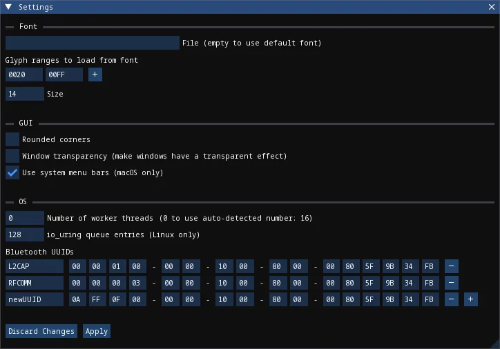 Settings window